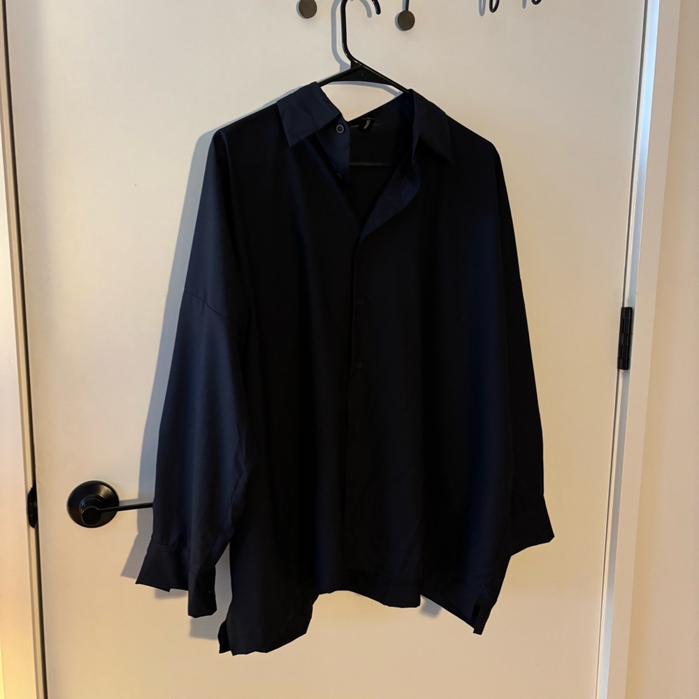 Eskandar Wool-Silk Buttondown Shirt | Size 0 | Black | Lagenlook / Oversized